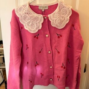 "Never Fully Dressed" Cherry Embroidered Pink Cardigan with Peter Pan Collar